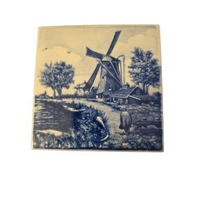 Vintage Delft Blue Holland Dutch Windmill Tile Wall Decor Farm Scene